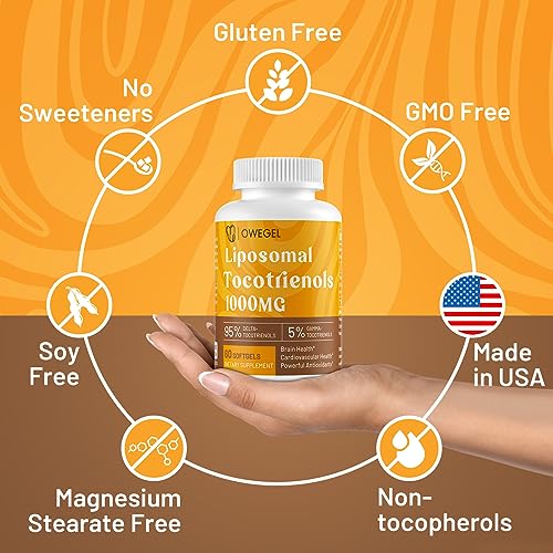 Liposomal Tocotrienols 1000mg - High Bioavailability Vitamin E Tocotrienols Supplements,95% Delta & 5% Gamma Tocotrienol Capsules Support Cardiovascular,Skin,Bone,Antioxidant,60 Softgels