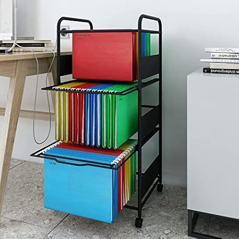 PUNCIA 3 Tiers Metal Rolling File Carts with Wheels Hanging Files for A4 Size Movable Pull-Out File Folder Rack Drawer File Cabinet for Home Office Cover