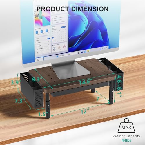 Image of WALI Plastic Computer Monitor Stand with Storage, Desk Organizer with Drawer and Pen Holder, Desk Monitor Riser 3 Height Adjustable, Laptop Riser for Computer, Laptop, Printer(PTT003-C), 1 Pack, Brown