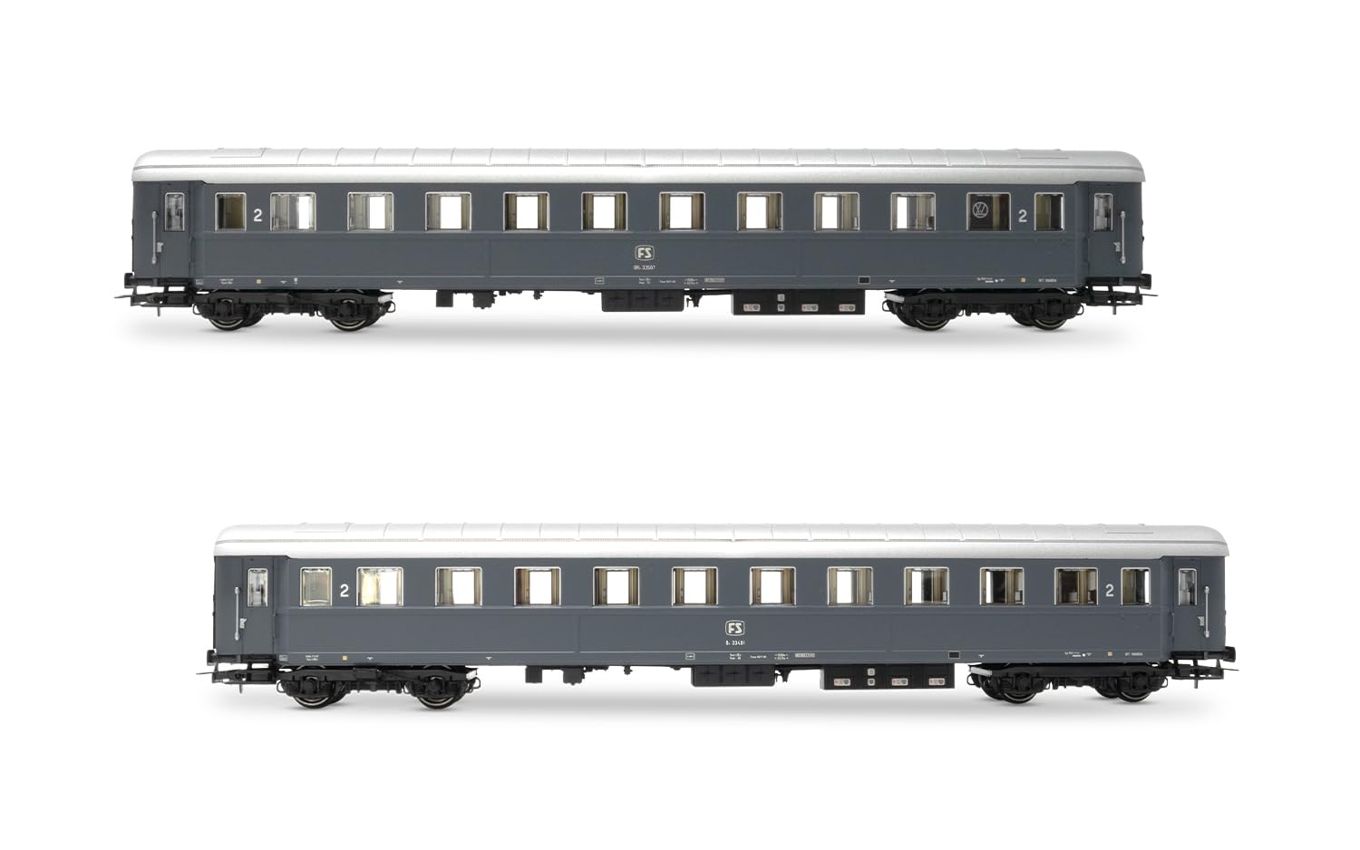 Rivarossi Hr4368 Fs, Pack of 2 Pcs Bz 33010 Type 1946 2nd Class, One with Ristoro Divider, Fs Markings, Grey Colors, Iva, Wagon Rolling stock