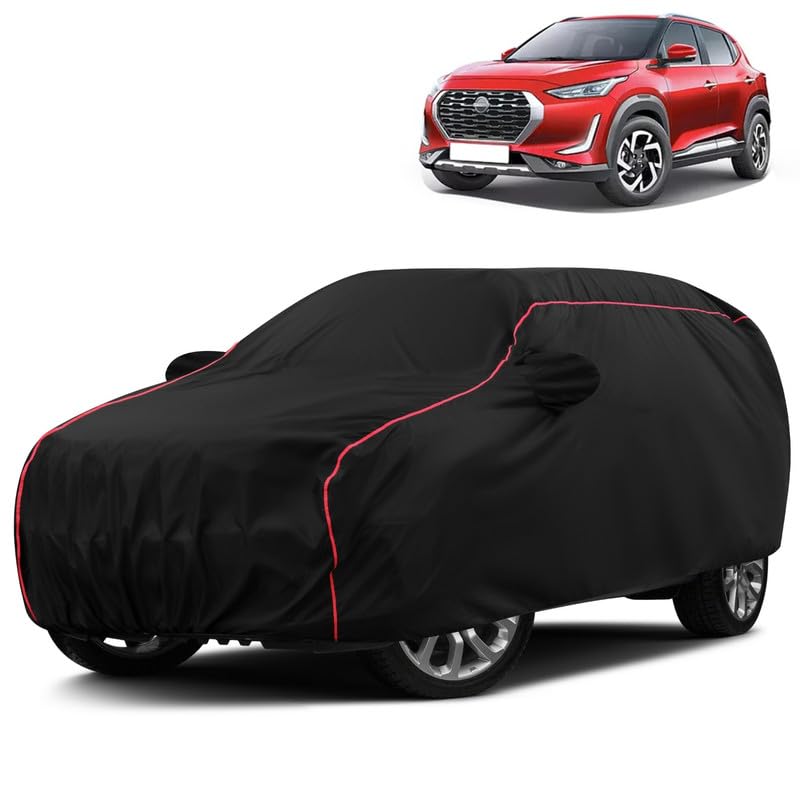 VOICO Water-Resistant Dustproof Car Cover for Nissan Magnite - Mirror Pocket, UV Protection, Scratch Guard, Buckle Belt, Front & Back Bottom Elastic with Red Piping - Black-image-2