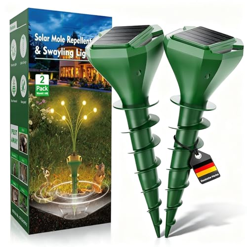 Bellizy Maulwurf Vertreiber Solar Maulwurfschreck 2er Pack mit LED-Licht Ultraschall & Vibration zur Effektiven gegen Maulwürfen und Wühlmäusen IP65 Wasserdicht und 3 Modi für Garten und Rasen