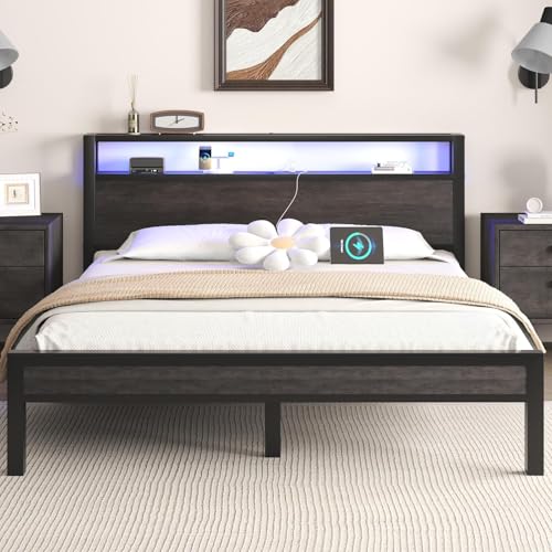 Image of LOEWAY Queen Size Bed Frame with Storage Headboard and LED Lights, Industrial Platform Bed with Charging Station, Heavy Duty Metal Slats, No Box Spring Need, Noise Free, Grey
