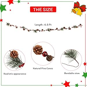 6.6FT Christmas Garland Decoration Pine Garland Cedar Garland Pine Cones Garland with Red Berry Bells Christmas Garland for Mantle Tree Stairs Railing Door Decoration Winter Indoor Outdoor Decor 66FT Christmas Garland Decoration Pine Garland Cedar Garland Pine Cones Garland with Red Berry Bells Christmas Garland for Mantle Tree Stairs Railing Door Decoration Winter Indoor Outdoor Decor