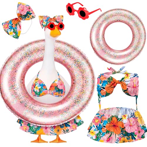 Ciyufavo 23 in Porch Goose Summer Outfit Bikini Hawaiian Porch Goose Swimsuit Clothes Costume Accessories with Bow Glasses Swim Ring for 23 Summer Goose Garden Patio Statue Decor (Flower)
