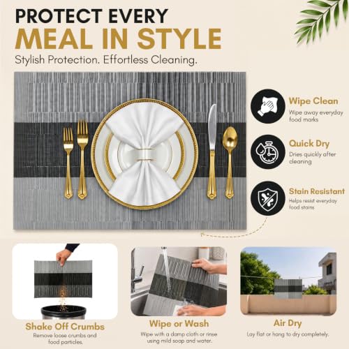Image of Solitude Set of 6 Dining Table Placemats | Non-Slip PVC Table Mats, Heat Resistant, Washable, Stain-Resistant Surface, (Silver & Black, 45 x 30 cm)