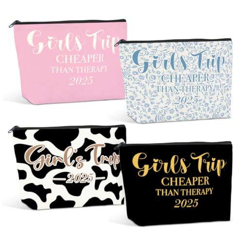 4 PCS Girls Trip Gifts Favors Girls Weekend Gifts for Women Girls Trip Favors Friendship Gifts Girls Weekend Gifts Ideas Girls Trip Makeup Bag Cow Print Cosmetic Bags Weekender Bag for Women Christmas