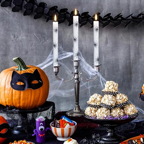 Image of GenSwin Real Wax Flameless Taper Candles, 4 Pack Halloween LED Taper Candles Battery Operated with Remote Timer, Flameless Candlesticks with Spider Web Prints for Halloween Decoration (0.75 inch x 9.65 inch)