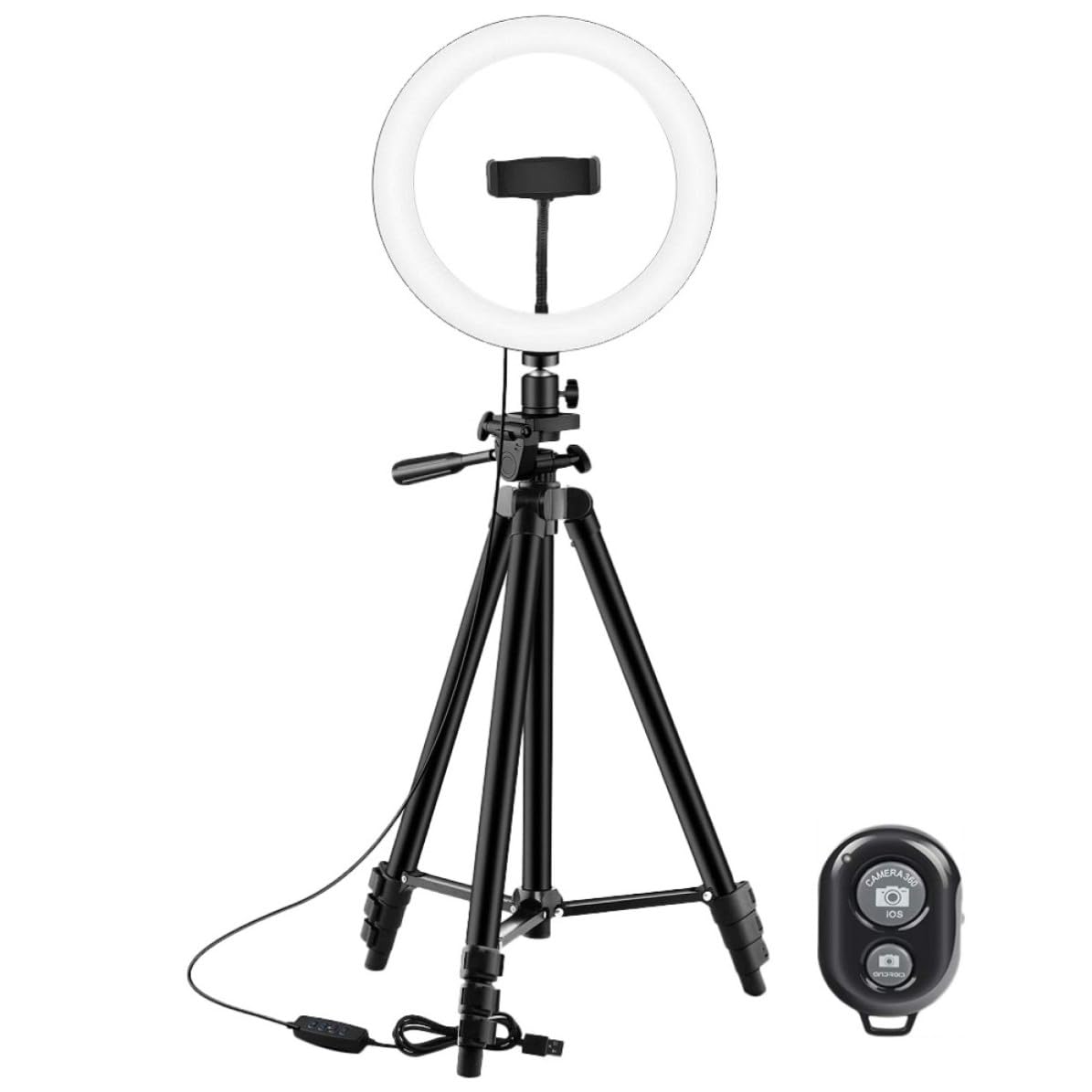 Lámpara LED Redonda para Selfie con Trípode y Mango, Negro, Plástico
