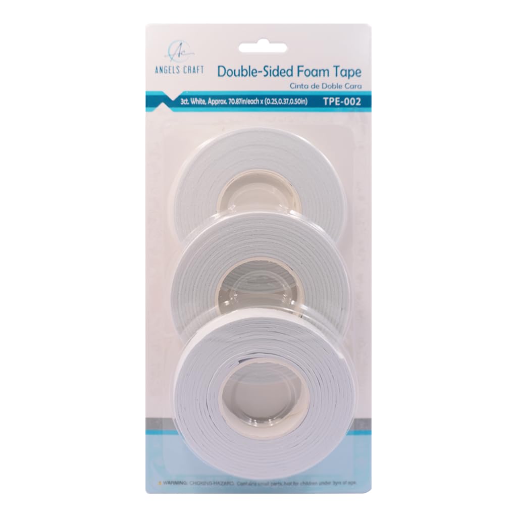 Angels Craft Double Sided Foam Tape, White 3 Rolls, 0.25, 0.37, 0.5 in x 5.9 Ft, Thick Adhesive Mounting Tape – Ideal for DIY, Card Making, Scrapbooking & Paper Crafts