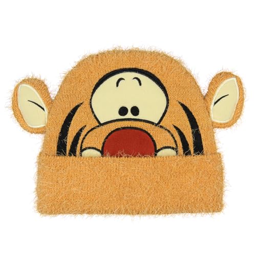 Disney Winnie The Pooh Tigger Felt Embroidered Fuzzy Yarn 3D Ears Character Face Knit Cuff Beanie Skull Cap OSFM Orange