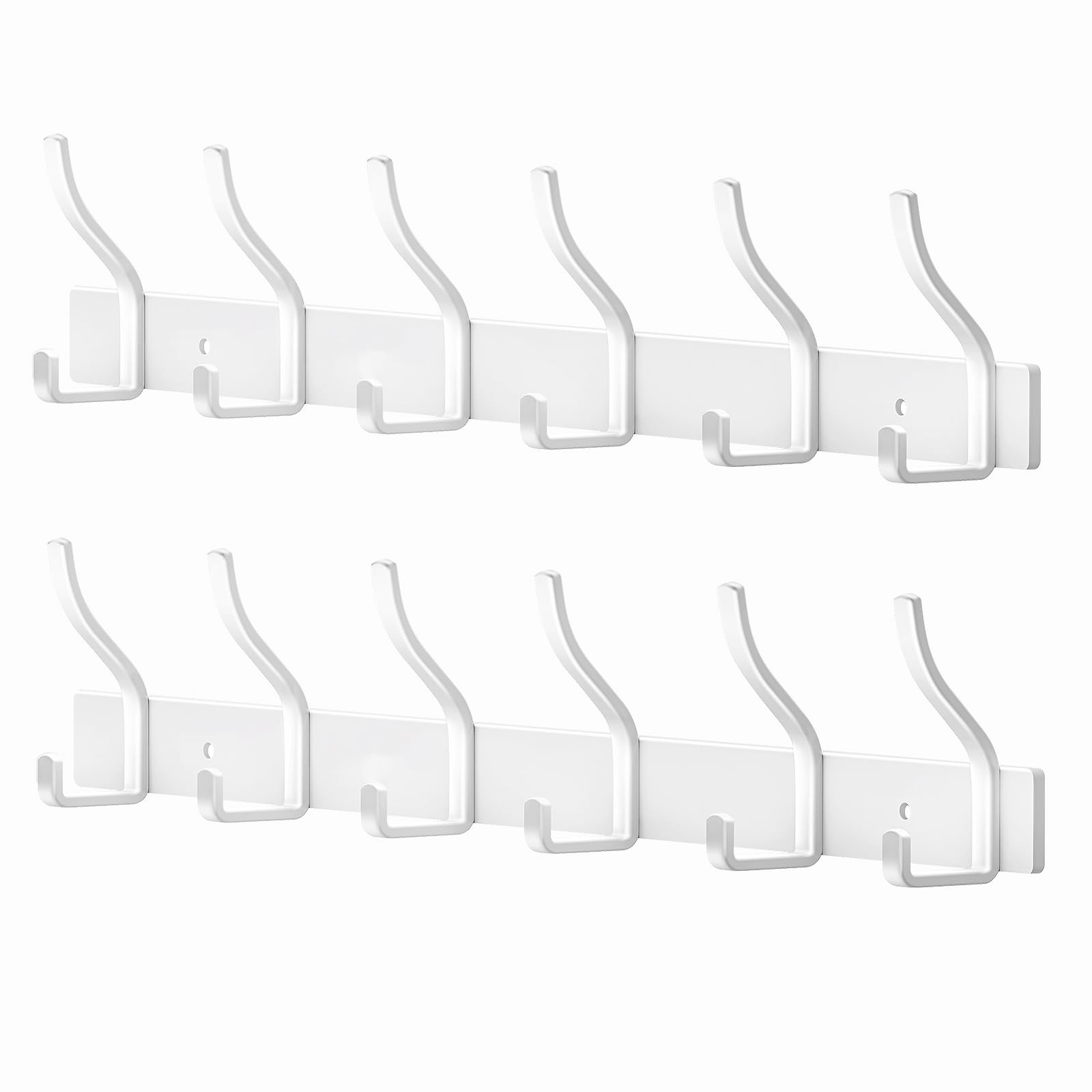 MEIJO Coat Hooks Wall Mounted Stainless Steel, White Coat Rack Wall Mounted with 6 Hooks Heavy Duty Coat Hooks for Door, Bathroom, Bedroom, Kitchen (White, 6 Hooks, 2 Pack)