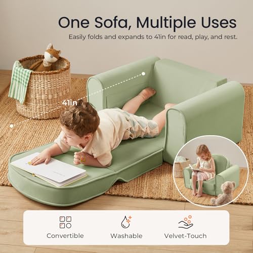 image for Tiny Land 2-in-1 Foldable Kids Couch with Pockets – Soft Thick Toddl