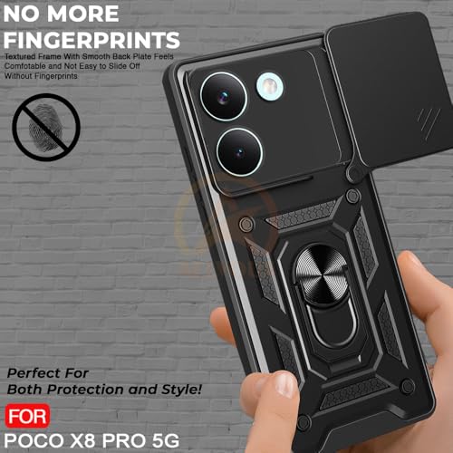 Image of Armor Bumper Back Cover Case for Poco X8 Pro 5G | Rotating Camera Cover, Ring Holder & Kickstand | Heavy Duty & 360 Degree Protection Poco X8 Pro 5G Back Cover (Black)
