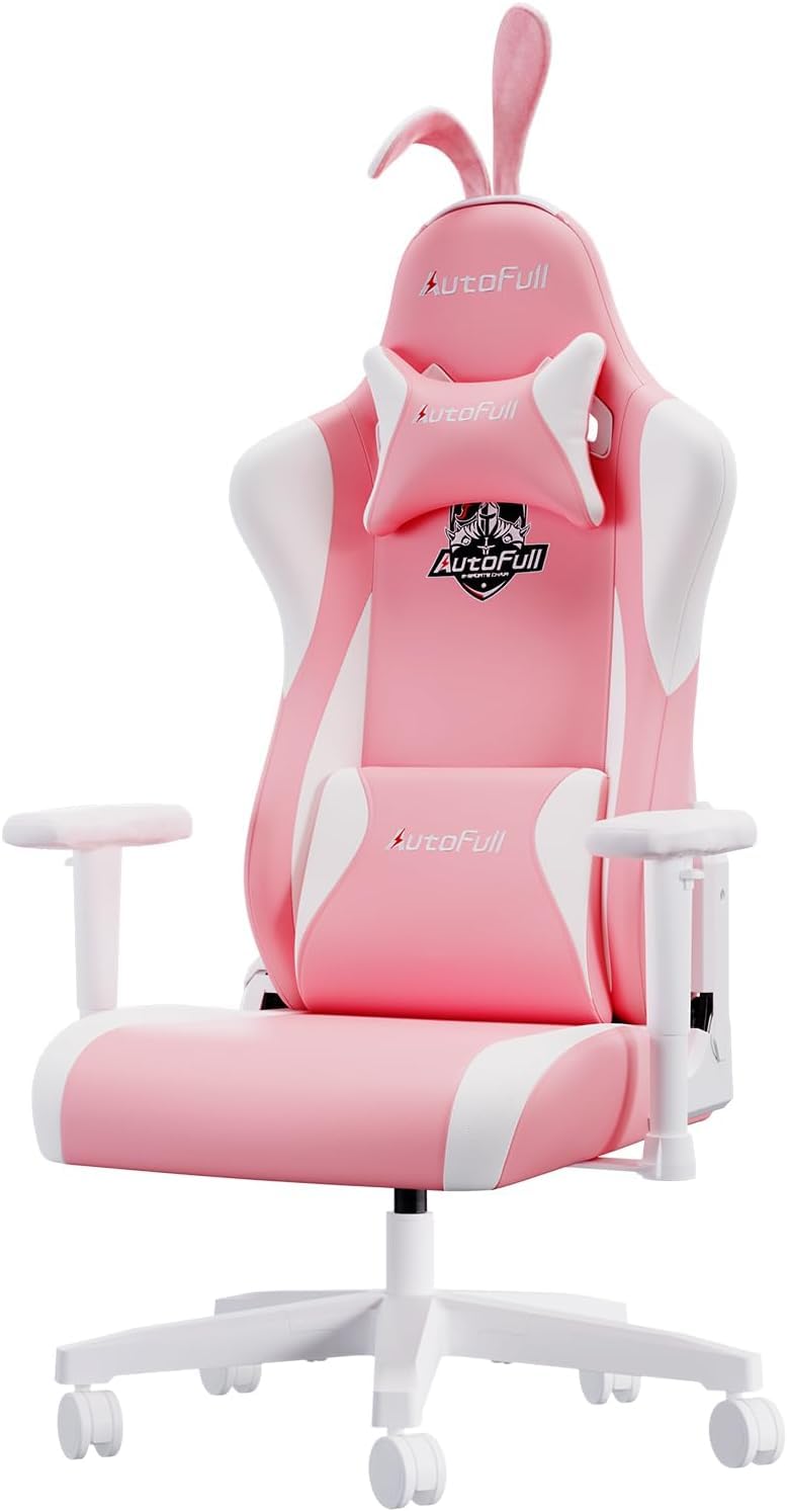 AutoFull Różowe ergonomiczne krzesło do gier, urocze krzesło biurowe, styl kawaii, skóra PU, wysokie oparcie, krzesła komputerowe z uszami królika i ogonem (3 lata gwarancji)