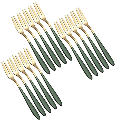 Image of Mini Cocktail Forks Appetizer Forks 18 /10 Stainless Steel Fruit Forks Dessert Forks Tasting Forks Appetizer Small Forks Set Appetizer Cake Fruit Forks Set (Green,Set of 15)