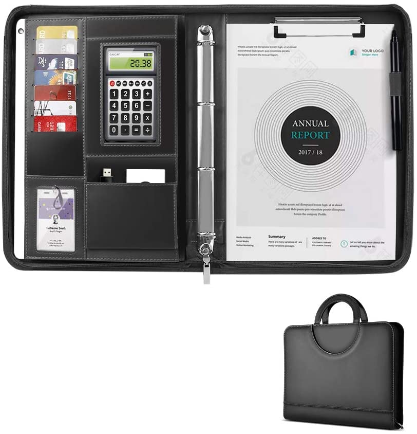 Portfolio A4 avec Poignée, AtailorBird Organiseur Multifonctionnel Conférencier Zippé A4 Porte Document Agenda d'Affaire pour Bureau en Cuir PU - Noir