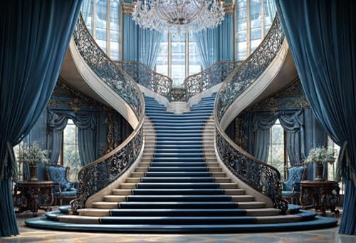 Kate 7×5ft (2.2×1.5m) European Luxury Blue Photo Backdrop Classic Staircase Crystal Chandelier Curtains Interior Photography Background for Photo Studio Photographer Props