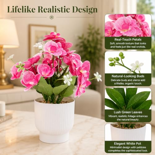 Image of CURATED CART Flower Pot with Artificial Flowers - Orchid Pink Flower with White Vase | Ideal for Home Decor | Office Decor | Gifting | Size 25 x 15cm