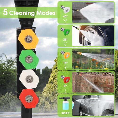 Electric Pressure Washer 5000 PSI,4GPM Power Washer with Foam Cannon,Portable Cleaner with 33ft Hose Reel,4 Nozzle Tips,and Soap Bottle for Cars/Home/Driveways/Patios/Decks/Fences (Green) by Imdot - Used condition - Image 5