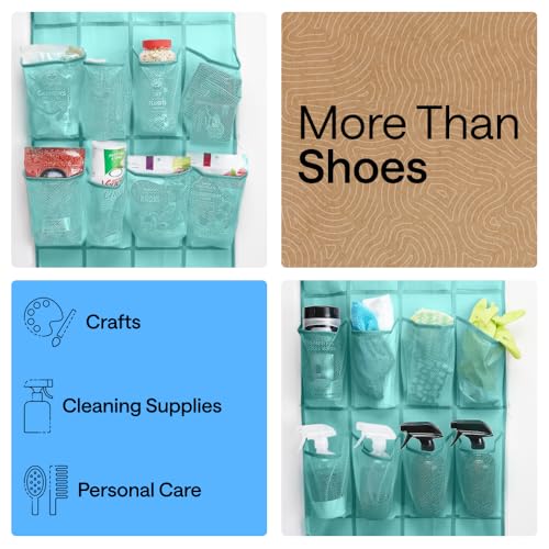 Image of Gorilla Grip Over The Door Mesh Pocket Shoe Organizer, 24 Large Breathable Durable Pockets, Hooks for Hanging on Closet Door, Storage Rack, Organizers for Shoes, Sneakers, Accessories, Turquoise