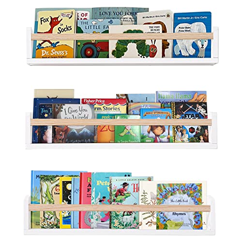 Azsky White Floating Nursery Book Shelves 24 Inch Wall Bookshelf For Kids Room Décor Wall Mounted Wood Book Shelf A Set Of 3 Bedoom Bathroom Storage Shelf #TOP18
