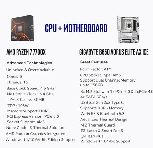 Image of Micro Center AMD Ryzen 7 7700X CPU Processor with GIGABYTE B650 AORUS Elite AX ICE Motherboard (AM5, ATX, DDR5, Triple M.2, USB 3.2 Gen2X2 Type-C, WiFi 6E)