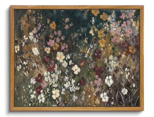 Image of KISSFOX Vintage Framed Wall Art Decor Moody Wildflower Pictures Wall Decor Rustic Floral Canvas Art Prints Natural Modern Farmhouse Paintings Artwork For Bedroom Living Room