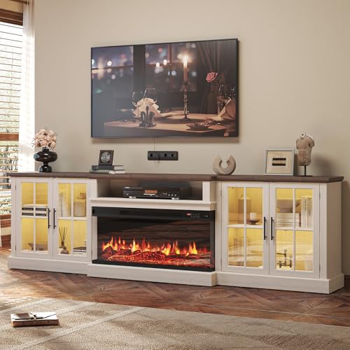 Nordivale 98' Farmhouse TV Stand with 36' Fireplace for TVs up to 100', Media Entertainment Center with Adjustable Shelves and Large Storage Cabinets, for Living Room, White & Black