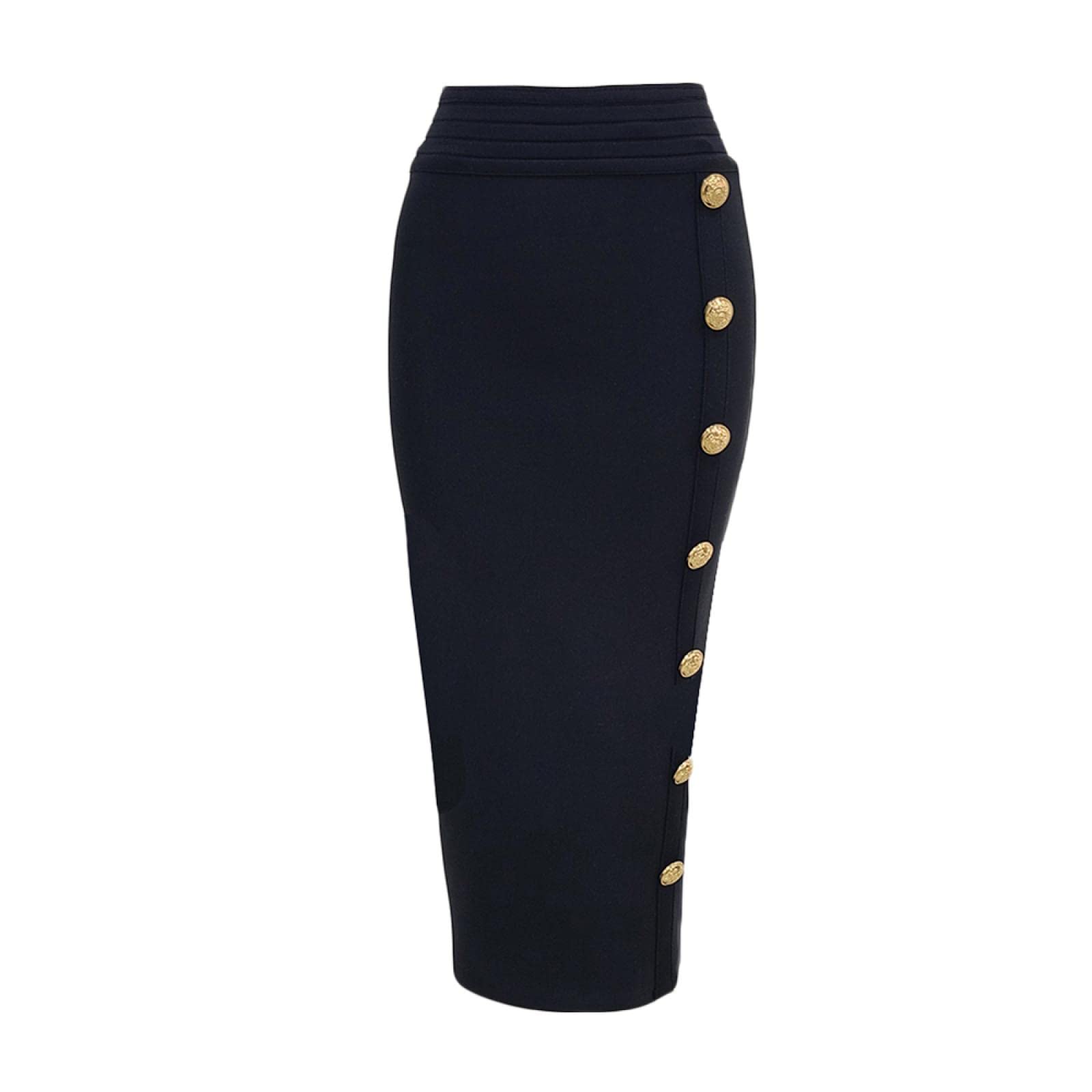 WQZYY&ASDCD Gonna A Matita Elegante Gonna Longuette A Tubino Gonna A Fascia A Vita Alta Gonne A Fascia Elastica Nera Bottoni Abbigliamento Donna