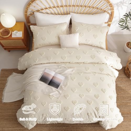 Image of Boho Tufted Comforter Set Queen Size Beige Heart Textured Bedding Set 3 Pieces Farmhouse Shabby Chic Embroidery Bed Set Soft Jacquard Comforter for All Season with 2 Pillowcases