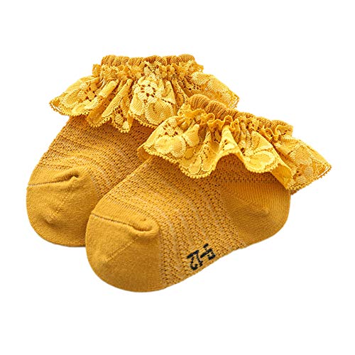 Zukmuk Chaussette de Cheville à Volant pour Bébé Fille Chaussette de Princesse Basse Chaussette de Baptême Respirante Antidérapante (Jaune, 6-12 Mois) Cover