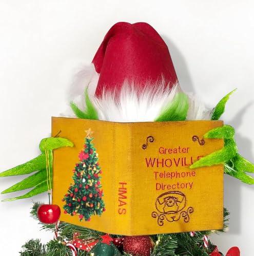 Whoville Christmas Tree Topper Whimsical Christmas Tree Decorations Funny Elf Hiding Behind Book Farmhouse Xmas Party Decorations Plush Ornaments for Table Mantel Porch