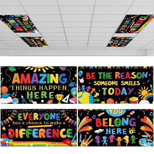 Image of ROCEEI Pack of 4 Fluorescent Light Covers for Ceiling Lights, 4 x 2 Ft, Magnetic Light Covers for Classroom Office Home School Ceiling Decor(Inspiring)