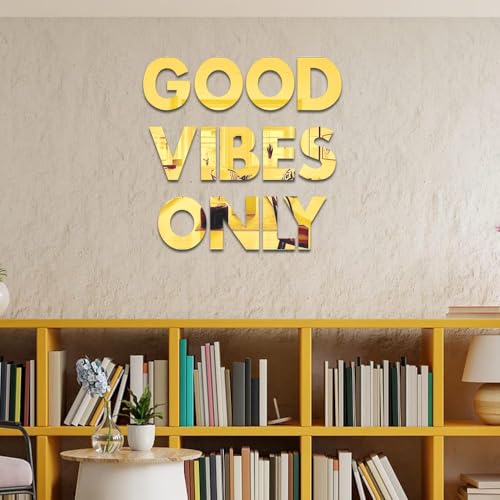 Image of Bikri Kendra - Good Vibes Only Golden Letter Mirror Sticker, Acrylic stikcer, Decorative Mirror Sticker for Wall, Bedroom, Hall, Living Room, Kitchen. (Gold Good)