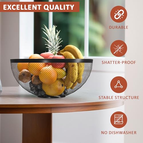 Image of Kuber Industries Metal Fruits & Vegetables Basket Bowl | Veggie Baskets for Dining Table Accessories | Storage Bowls for Decorative Pantry, Home & Kitchen Multi-Purpose Use - Black 27x27x13 cm