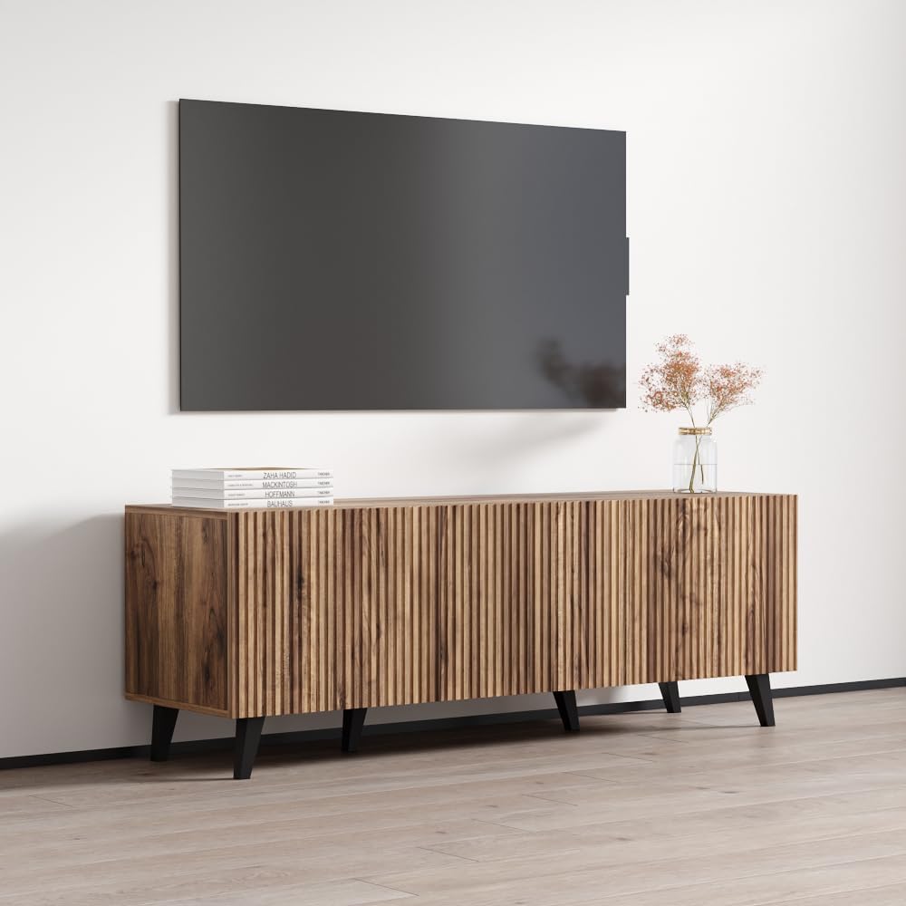 Meble Furniture Pafos 3D Freestanding TV Stand - Modern Rectangular TV Stand with Storage Cabinets - Media Entertainment Center Console Table for TV Up to 70" - Oak