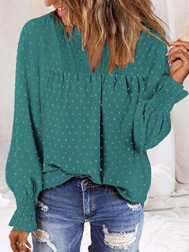 BETTE BOUTIK Boho Shirts Womens Long Sleeve Plus Size Crochet Blouses Dressy Casual Fall Winter V Neck Loose Western Flowy Tops Babydoll Chic Cute Shirt Azure 3X