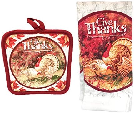 FLOMO Thanksgiving Holiday Thankful Give Thanks Kitchen Pot Holder, and Towel Set ('Give Thanks' Pot Holder & Towel Set)