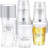 Jingmore 50 Pcs Wedding Plastic Cup 12 oz Wedding Disposable Cups for Reception Thick Clear Cup Happily Ever After Mr and Mrs Just Married Cups for Bridal Shower Decorations