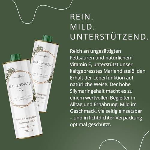 Mariendistelöl 500ml, kaltgepresst von Nordic Pure - Reich an Vitamin E & ungesättigten Fettsäuren - Unterstützt die Leberfunktion - Zur Ernährung sowie zur Hautpflege geeignet