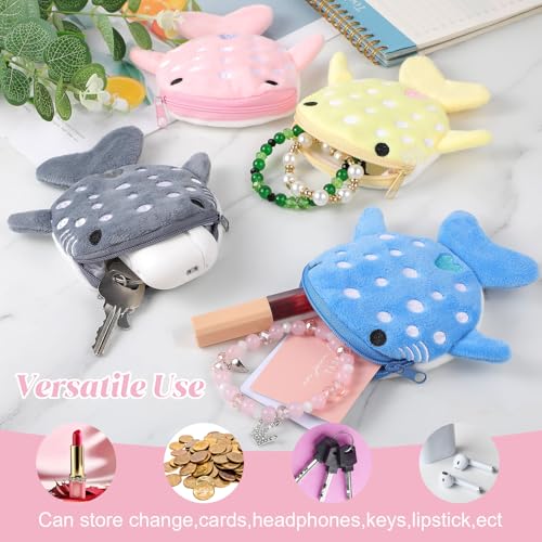 Giantree 4 Cute Whale Shark Coin Purses, Fun and Practical Plush Shark Coins Purse, Cute Zipper Keychain Wallet, Women's Small Embroidered Fish-Shaped Marine Animal Coin Purse for Girls and Women3