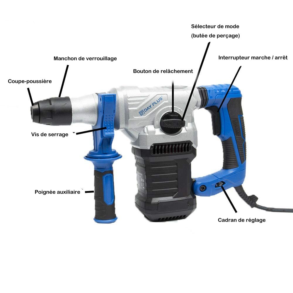 Marteau Perforateur Filaire VEVOR 1500W Perforateur Burineur 5,5J Marteau De Démolition Avec Coffret 940tr/min 4300BPM 4 Fonctions Mandrin SDS-Plus | Leroy Merlin