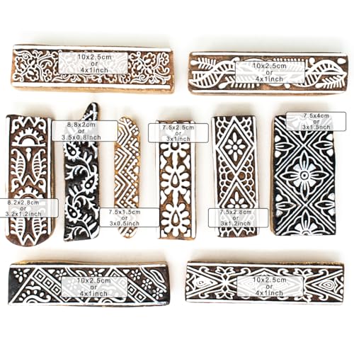 Image of Wooden Indian Traditional Design Printing Stamps / Blocks for Printing Saree Border / Dresses / Craft Card Making / Scrapbook / Clay Pottery (Set of 10)