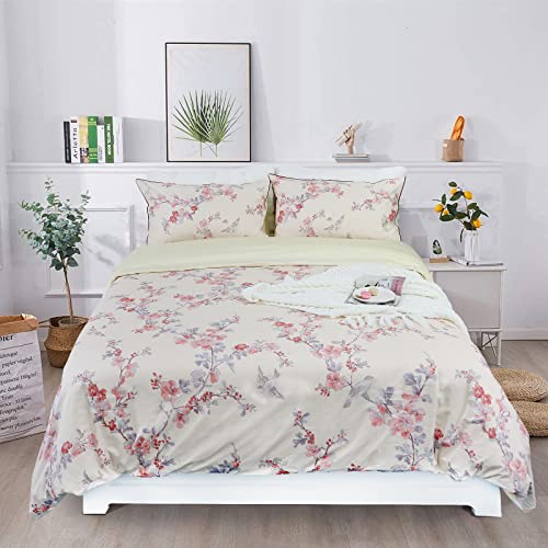 Brandream Garden Floral Duvet Quilt Cover Asian Porcelain Style Chinoiserie Cherry Tree Blossom And Birds Red And White Watercolor Pattern 800Tc Cotton Percale Bedding Set 3Pc (King,Cream Red) #TOP3