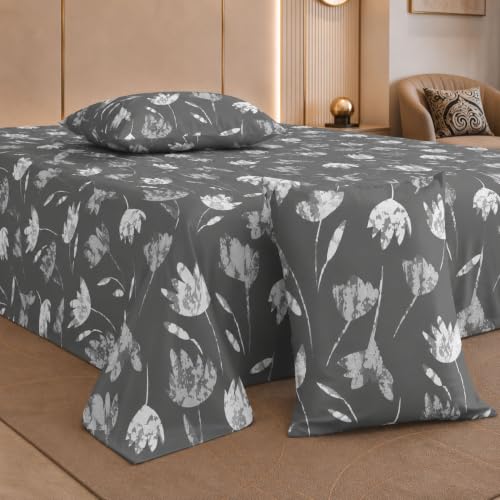 Image of Jaipur Weaves Cotton King Size Bedsheet 108x108 Super King, 100% Pure Cotton Bed Sheet with 2 Pillow Covers, 300 TC Soft Breathable Floral Design Bedding (Grey Tulips, Super King)