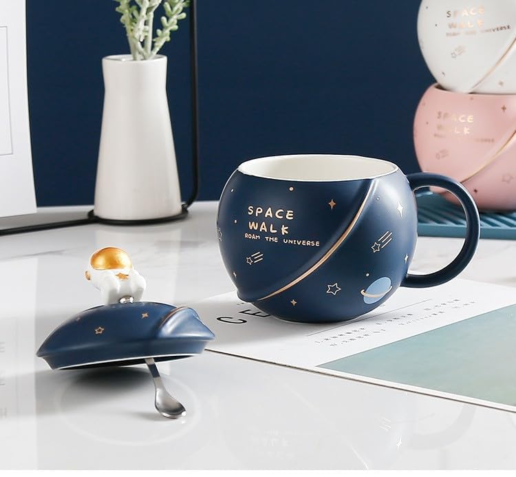 Image of NOSCOMP Astronaut Coffee Mug with Lid & Spoon| Embossed Planet Mug | Space Mug, Ceramic, 3D Creative Astronaut Universe Planet | Leak Proof | Portable (Astronaut - Dark Blue, Capacity - 400 ML)