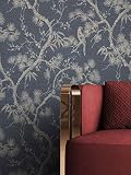 NEWROOM Tapete Schwarz Vliestapete Glänzend - Blumentapete Floral Anthrazit Silber Blumen Bäume Blätter Tropisch Papagei inkl. Tapezier-Ratgeber