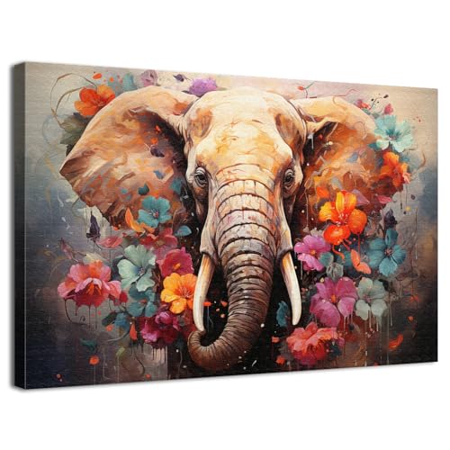 Vintage Elephant Wall Art Colorful Wildflower Elephant Wall Decor for Living Room Picture Retro Indian Animal Poster Bedroom Bathroom Neutral Wildlife Canvas Print Artwork Office Home Decoration 12x16