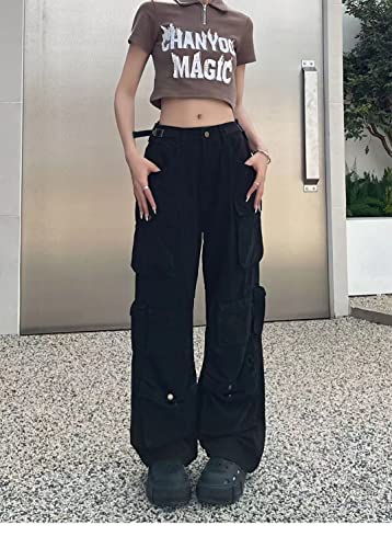 Image of Women's Baggy Cargo Pants Y2K Clothing Multi-Pocket Relaxed Fit Jeans Fairy Grunge Clothes Alt Emo Streetwear
